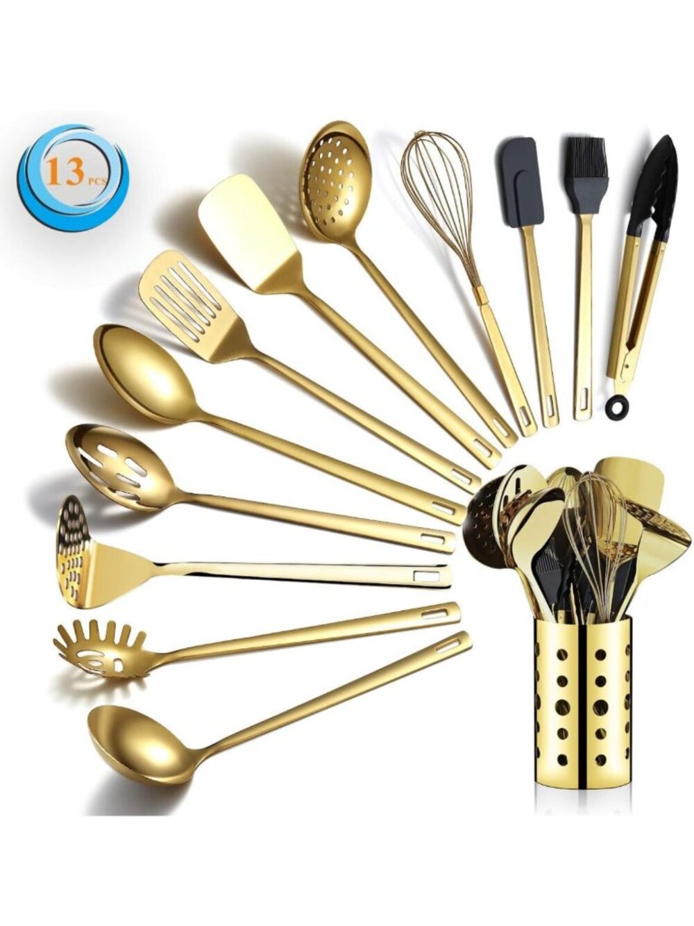 13-Piece Gold Stainless Steel Cooking Utensils Set with Holder - Dishwasher